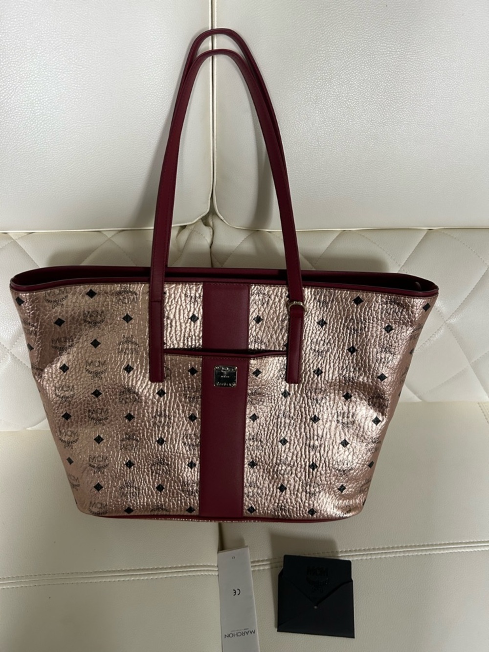 MCM Metallic Rose Tote with Burgundy Trim and Handles